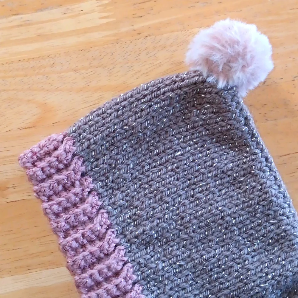 Handknit Taupe Brown & Dusty Pink 1960s Retro Style Pompom Pixie Baby Hat 6-12M